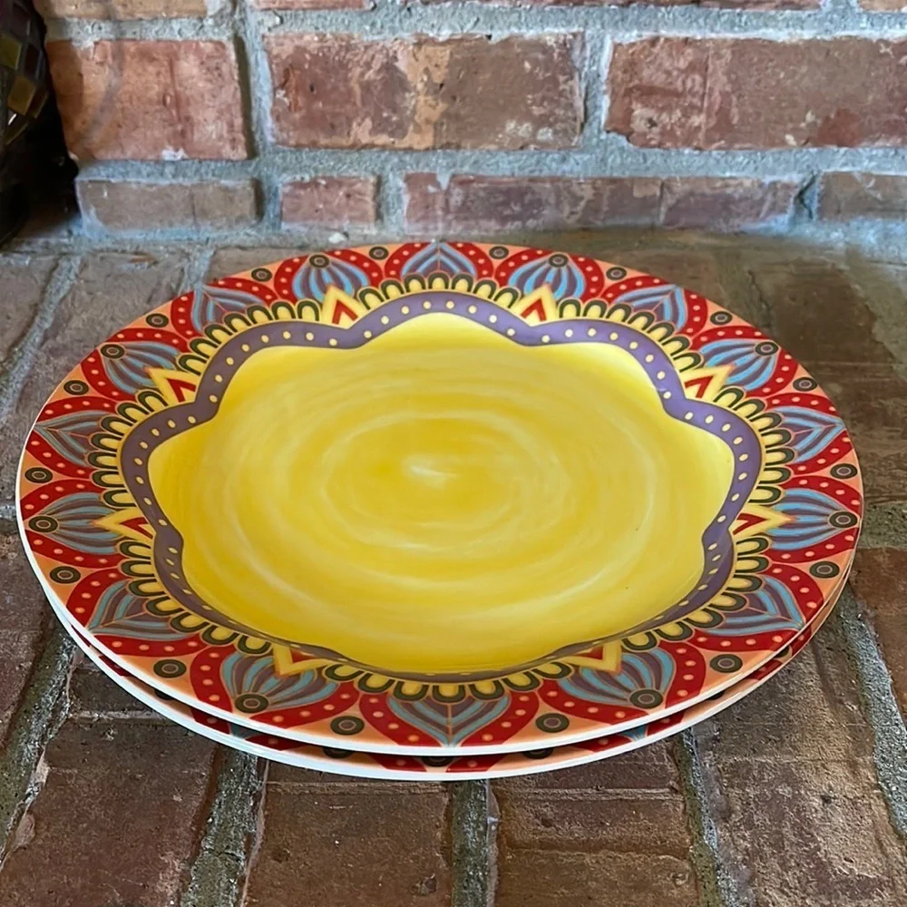 Elama Mandala Multicolored Zen Red Mozaik Stoneware Dinner Plates Set of 2